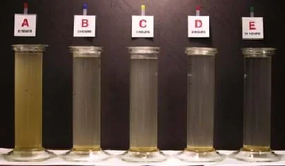 A photograph shows vials of water lined up in a row, from very cloudy water to very clear water. The vials are labeled A through E, with A being high turbidity and E being low turbidity. Turbidity is measured by NTU (Nephelometric Turbidity Units). The higher the NTU, the cloudier the water.