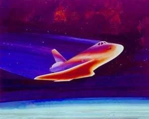 A colorful drawing of a red-hot spacecraft above a blue-layered atmosphere.