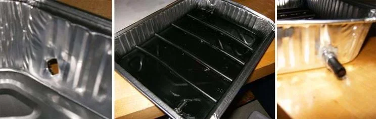 Three photos: (left) A hole cut through one side of a light-weight, shallow metal pan. (middle) Black pipes lie on the black-painted bottom of a baking pan. (right) A short piece of tubing pokes through a hole in the side of a baking pan.