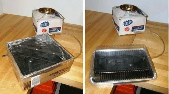 Two photos. Both show an insulated coffee can in a box connected by tubing to a foil and black box with a clear plastic cover.