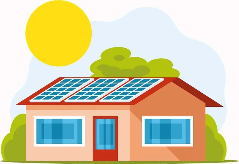 Image shows the sun shining above a house with solar panels on the roof.