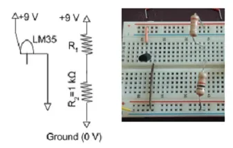 Photo shows the new setup for the circuit, showing the divide of the 9V battery, with the LM35 sensor on one side and the two resistors on the other.