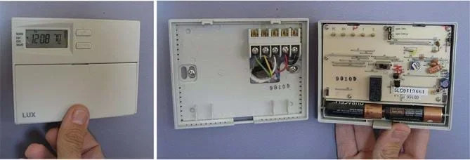 Two photos. (left) Plastic box mounted to a wall with digital readout of time and temperature. (right) Same plastic box opened to reveal circuitry, wires and batteries.
