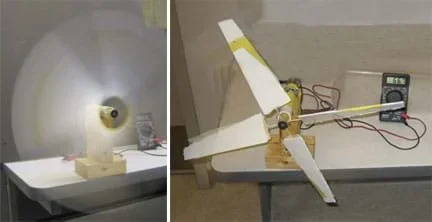 Two photos: (left) A spinning turbine looks like a blur. (right) A multimeter near a spinning four-blade foam core board turbine shows 66.7.