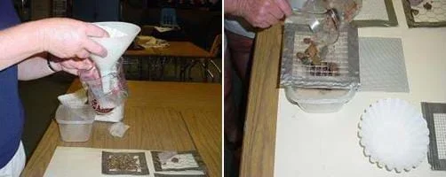 A photograph showing the activity "filters" in use. On the left is a picture of a person using a funnel to filter waste. On the right is a picture of a person pouring large pebbles onto a screen with fairly large-sized holes.