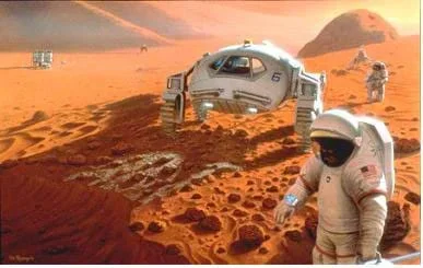 A conceptual drawing shows what a future manned mission to Mars might look like. A few humans in spacesuits with a Mars vehicle in the foreground doing experiments with a living habitat in the distant background.