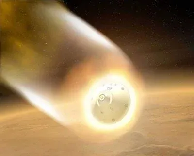 An illustration of the aeroshell entering the Martian atmosphere.