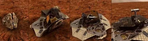 In this sequence illustration, the airbags have deflated and the pedals of the lander open, exposing the rover inside.