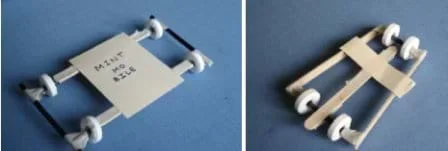 Two photos of four-wheeled cart chassis made from Popsicle sticks, plastic straws, lifesaver mint candies (for wheels), cardboard and tape. One is wide with Popsicle sticks mounted along straw axles; the other is narrow with Popsicle sticks connecting the front and back straw axles.