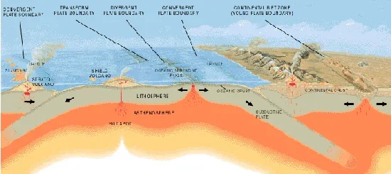 A diagram of divergent and convergent plate boundaries and how they create volcanoes.
