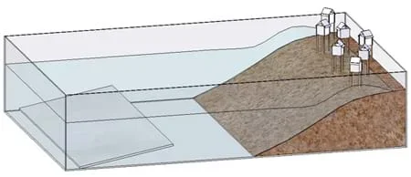 A diagram shows water in the tsunami generator sending a wave onshore past a collection of paper buildings on stilts on the beach.