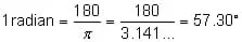 One radian equals one hundred and eighty divided by pi which equals fifty seven point three zero degrees.