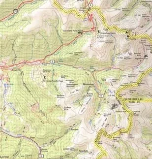 A section of a topographical map of the Red Cone Pass area in central Colorado, showing elevation contour lines, peaks and trails.
