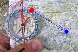 An illustration showing how to use a compass and a map to determine location.
