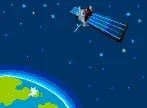 Animated drawing shows a communications satellite orbiting in the atmosphere above Earth, with a portion of Earth shown far below.