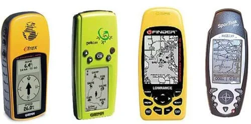 Four pictures of different types of GPS receivers.