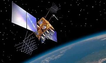 An artist's interpretation of a GPS-IIRM satellite in orbit.