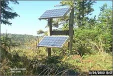Two shiny blue grid panels angled towards the sun from a two-legged wooden post structure in a forest clearing.