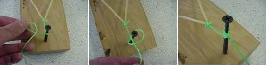 A series of three photos shows how to attach the string to the forward screw.  Once the rubber band is pulled back, the string is wrapped several times around the top of the screw.  Then a single hitch knot is made in order to hold the string in place.