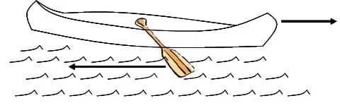 A line drawing shows a canoe with one paddle in the water. Arrows show that the motion of the paddle on the water causes the canoe to move in the other direction.