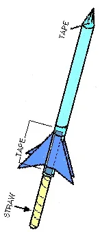 A colorful drawing shows a paper rocket composed of a paper, tape and a drinking straw. This "strawket" is launched blowing air through the straw.