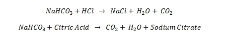 Two reactions showing how sodium bicarbonate reacts with acids in the body, specifically hydrogen chloride and citric acid, to form water, carbon dioxide and other byproducts.
