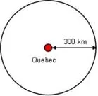 A line drawing shows a two-inch diameter circle with a red circle in the center. The red circle represents Quebec (Canada). A black arrow is drawn from the red inner circle to the outer circle, indicating a distance of 300 km. The image demonstrates the first stage of using triangulation to determines one's location.
