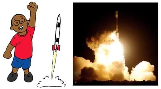 Two images: A drawing of a small boy cheering as his model rocket launches.  A photograph at night shows a rocket blasting off amidst clouds of exhaust and plumes of fire (due to the rocket's ignited fuel).