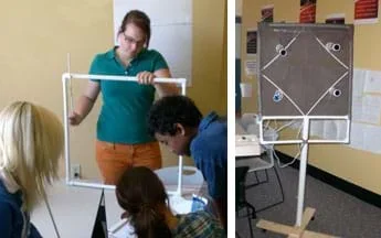 Two photos: (left) Four teenagers work on a square frame made of white pipes. (right) A structure that looks somewhat like a stop sign, with a wooden cross base on wheels supporting a vertical pipe with a rectangular frame supporting four lights in four corners of one side.