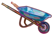 A drawing of a wheelbarrow that has one wheel, a bowl-shaped container area and two poles that connect to the wheel and serve as push handles.