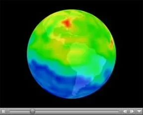 A colorful digital image of the globe shows blotchy area of blue, yellow, green and red covering one side of the Earth, with a clearly visible red patch over the US eastern seaboard.