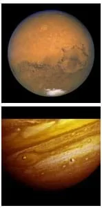 Two photos of orbs, one with shades of tan, the other with stripes of reds, yellows and whites, and two orbiting moons.