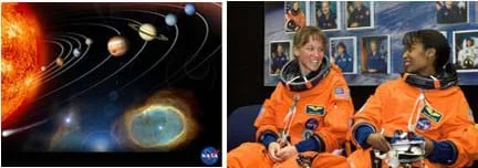 Two images: Graphic shows our solar system— a huge, glowing orange orb surrounded by concentric rings, each containing a smaller, colored orb. Two female astronauts in orange spacesuits.