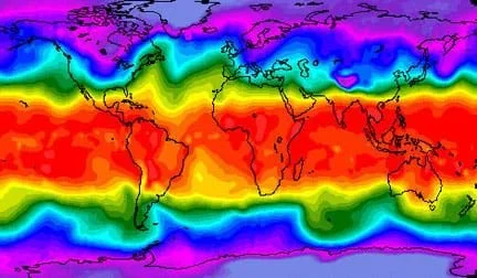 Flat map of the Earth's continents overlaid with colors. Hottest colors fall through the middle, along the equator. Other colors show cooler regions above and below the equator.