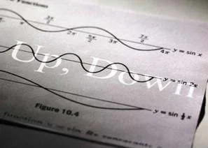 A photograph of wavy lines on a sheet of paper. Shown are the words sin, up, and down, as well as various fractions and numbers.