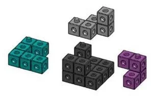 Four different shapes composed of four to 12 snap cubes.