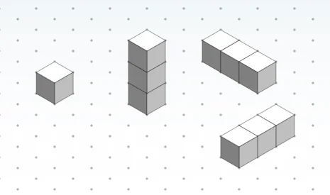 Four different images of cube shapes drawn on triangle-dot paper. From left to right: a single cube, a tall stack of three cubes, and then two images that show two different angles of a three-cube tower with its long side down.