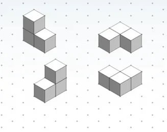 Four isometric drawings (on dot paper) of one three-cube shape from different perspectives.