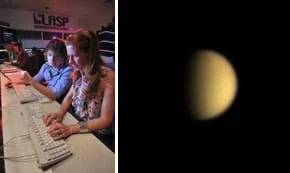 Two images: (left) A man and a woman work at keyboards in the foreground in a control room full of other people. (right) A soft-focus pale-orange orb that is half in shadow on a black background.