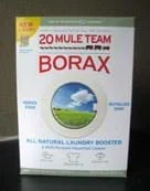 Photo shows a cardboard box of "20 Mule Team Borax—all natural laundry booster."