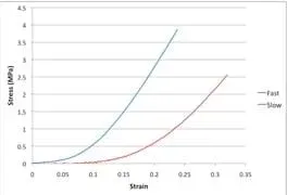 A graph with strain on the x-axis and stress on the y-axis shows a blue line (fast strain rate) and red line (slow strain rate) plotted; both lines have initial curves to the right and up, followed by linear stretches. The fast strain rate has a smaller curved region with a smaller radius; the slow strain rate has a larger curved region with a large radius. In the linear portions, the slope of the fast strain rate is greater than the slope of the slow strain rate.