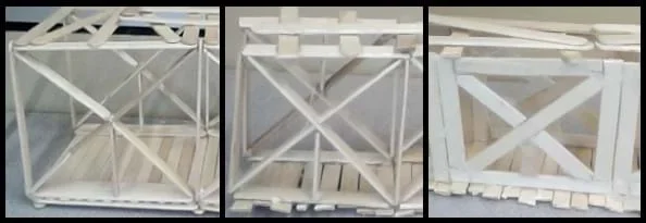 Three photos of connecting Popsicle sticks to form truss sides. The first is the butt joint, where the Popsicle sticks are perpendicular to each other. The second is the notched joint, where sticks are notched to receive each other. The third is overlapping, where the sticks are simply attached by overlapping the ends.