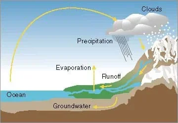 A cutaway side-view drawing shows a cloud precipitating (snow, rain) on a mountain and the water running off through a river. Some of this water evaporates into the air, some infiltrates into the ground and becomes groundwater and the rest drains to the ocean. Then water evaporates from the ocean into the clouds, and the cycle repeats.