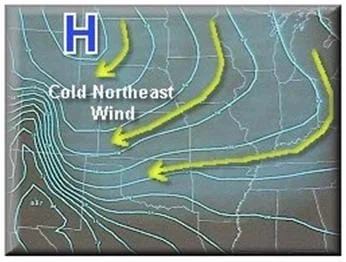 A screen shot of a weather map showing a storm moving towards the Central US from the northeast. A big blue H is shown on the map, along with yellow arrows showing the flow of the storm.