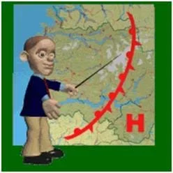 A caricature of a TV weatherman stands in front of a map that shows a high-pressure storm system moving towards the central US from the west coast. The map features a big red H and an arching red line that indicates the front edge of the storm.