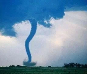 A landscape photo shows a tall and dark snaky-shaped column rising from swirling dust at its base on the ground of a flat field to masses of dark clouds high in the sky at its top.