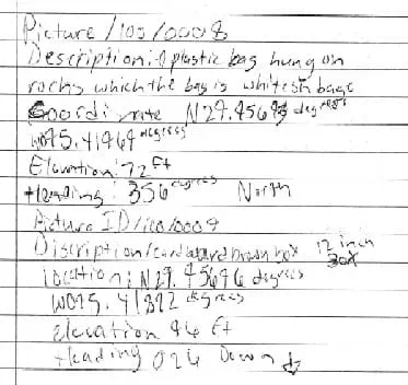 A scan of handwritten notes on lined paper. Includes picture number, item description (whitish plastic bag on rocks, brown cardboard box), location coordinates, elevation, and heading/direction that photo was taken.