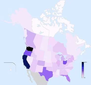 A map of North American with state boundaries. The states of Oregon, Washington and California show a heavy concentration of bigfoot sightings (black-dark purple coloring). Dark coloring also exists in Florida, Ohio and Texas.