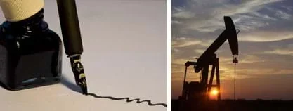 Two photos: (left) An ink bottle and pen. (right) A pumpjack, a machine that pumps oil from underground reservoirs, in a West Texas field.