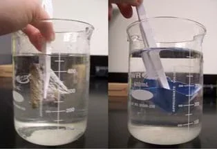 Two photos show items submerged under water in beakers: (left) a tan material, and (right) a swatch of blue cloth.